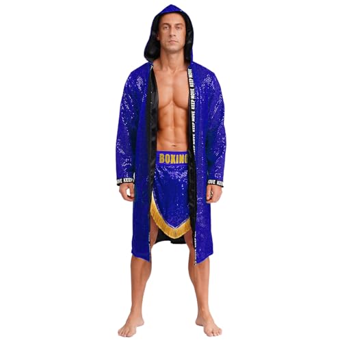 Sywiyi Herren Boxer Kostüm Kickboxer Trainingsanzug Pailletten Boxermantel Robe mit Kapuze Sport Shorts Mottoparty Karneval Kostüm Blau XL Sywiyi Herren Boxer Kostüm Kickboxer Trainingsanzug Pailletten Boxermantel Robe mit Kapuze Sport Shorts Mottoparty Karneval Kostüm Blau XL von Sywiyi