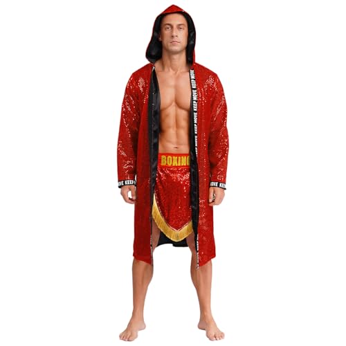 Sywiyi Herren Boxer Kostüm Kickboxer Trainingsanzug Pailletten Boxermantel Robe mit Kapuze Sport Shorts Mottoparty Karneval Kostüm Rot 3XL Sywiyi Herren Boxer Kostüm Kickboxer Trainingsanzug Pailletten Boxermantel Robe mit Kapuze Sport Shorts Mottoparty Karneval Kostüm Rot 3XL von Sywiyi