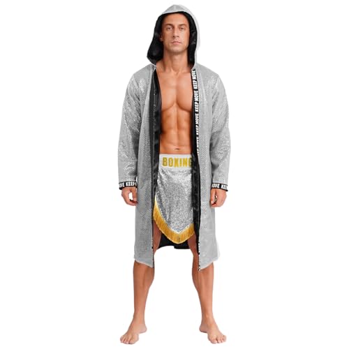 Sywiyi Herren Boxer Kostüm Kickboxer Trainingsanzug Pailletten Boxermantel Robe mit Kapuze Sport Shorts Mottoparty Karneval Kostüm Silber L Sywiyi Herren Boxer Kostüm Kickboxer Trainingsanzug Pailletten Boxermantel Robe mit Kapuze Sport Shorts Mottoparty Karneval Kostüm Silber L von Sywiyi