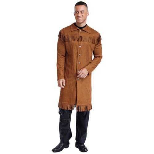 Sywiyi Herren Cowboy Kostüm Western Sheriff Kostüm Mantel Lange Jacke Wildledermantel mit Fransen Halloween Karneval Kostüm Braun M von Sywiyi