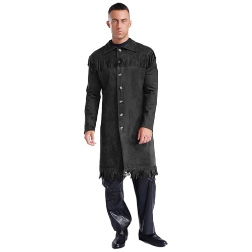 Sywiyi Herren Cowboy Kostüm Western Sheriff Kostüm Mantel Lange Jacke Wildledermantel mit Fransen Halloween Karneval Kostüm Schwarz 3XL von Sywiyi