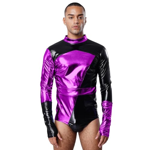 Sywiyi Herren Glänzend Disco Kostüm Farbblock Bodysuit Langarm Body mit Handschuhe Mottoparty Fasching Halloween Kostüm Violett XXL Sywiyi Herren Glänzend Disco Kostüm Farbblock Bodysuit Langarm Body mit Handschuhe Mottoparty Fasching Halloween Kostüm Violett XXL von Sywiyi
