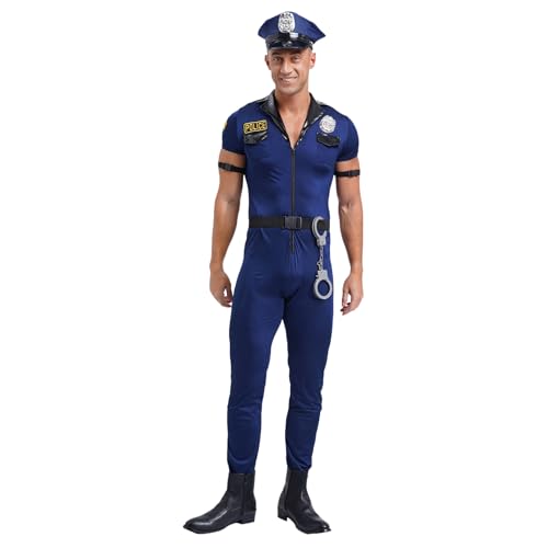 Sywiyi Herren Polizei Uniform Kostüm Set 6 tlg. Cosplay Outfit Kurzarm Overall mit Hut Gürtel Handschellen Fasching Kostüm Marineblau L von Sywiyi