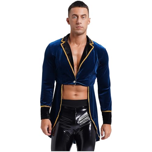 Sywiyi Herren Samt Frack Jacke Langarm Vintage Gehrock Mantel Zirkus Zauberer Frack Kostüm Fasching Halloween Kostüm Blau 3XL von Sywiyi