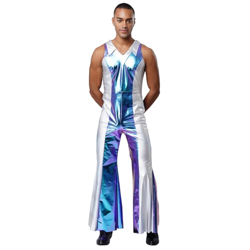 Sywiyi Herren Vintage Hippe Kostüm Glänzend Jumpsuit Ärmellos Farbblock Overall Schlaghose Disco Tanz Outift Halloween Karneval Kleidung Blau XL Sywiyi Herren Vintage Hippe Kostüm Glänzend Jumpsuit Ärmellos Farbblock Overall Schlaghose Disco Tanz Outift Halloween Karneval Kleidung Blau XL von Sywiyi