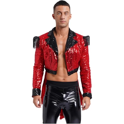 Sywiyi Herren Zirkusdirektor Ringmaster Frack Jacke Mantel Kostüm Oberteil Smoking mit Glitzern Pailletten Halloween Karneval Kostüm Rot 3XL von Sywiyi