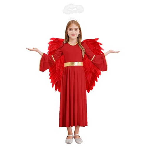 Sywiyi Kinder Halloween Engel Kostüm Mädchen Rollenspiel Verkleidung mit Engelsflügel Heiligenschein Karneval Fasching Cosplay Outfit Rot 122-128 von Sywiyi