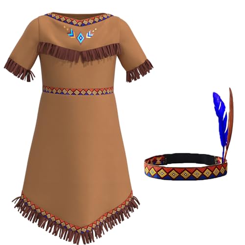 Sywiyi Mädchen Indianer Kleid mit Kopfschmuck Halloween Mottoparty Rollenspiel Outfit Kurzarm Kleider Minikleid für Karneval Fasching Braun 110-116 von Sywiyi