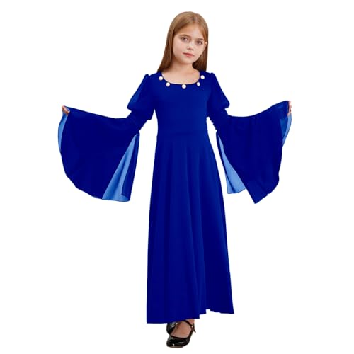 Sywiyi Mädchen Mittelalter Kleid Lange Maxikleid Prinzessin Adels Kleid Langarm mit Ausgestellt Ärmeln Kinder Retro Renaissance Steampunk Outfit Blau 110-116 von Sywiyi