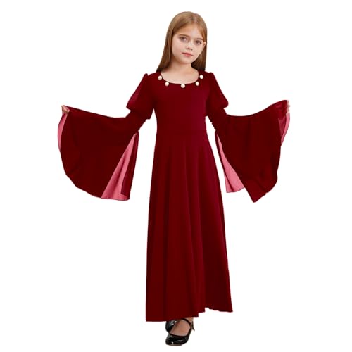 Sywiyi Mädchen Mittelalter Kleid Lange Maxikleid Prinzessin Adels Kleid Langarm mit Ausgestellt Ärmeln Kinder Retro Renaissance Steampunk Outfit Burgundy 110-116 von Sywiyi