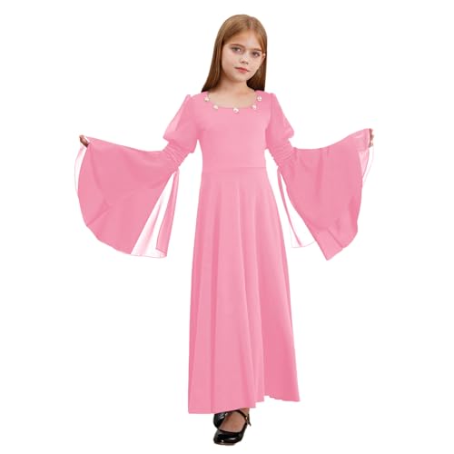 Sywiyi Mädchen Mittelalter Kleid Lange Maxikleid Prinzessin Adels Kleid Langarm mit Ausgestellt Ärmeln Kinder Retro Renaissance Steampunk Outfit Rosa 110-116 von Sywiyi