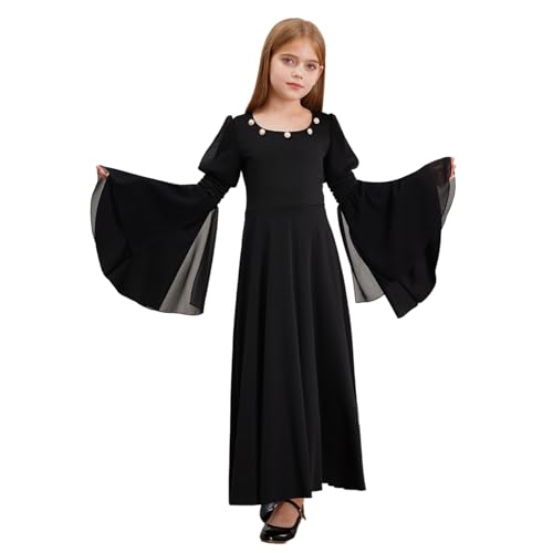 Sywiyi Mädchen Mittelalter Kleid Lange Maxikleid Prinzessin Adels Kleid Langarm mit Ausgestellt Ärmeln Kinder Retro Renaissance Steampunk Outfit Schwarz 110-116 von Sywiyi