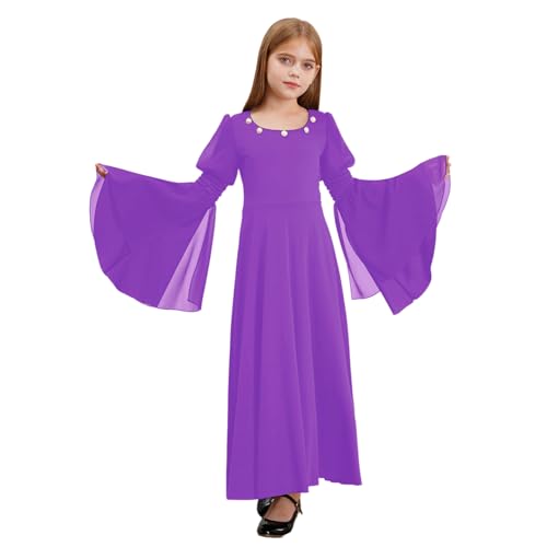 Sywiyi Mädchen Mittelalter Kleid Lange Maxikleid Prinzessin Adels Kleid Langarm mit Ausgestellt Ärmeln Kinder Retro Renaissance Steampunk Outfit Violett 110-116 von Sywiyi