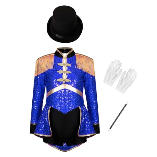 Sywiyi Mädchen Zauberer Verkleidung Outfit Set Zirkus Ringmaster Rollenspiel Glitzer Bodysuit mit Hut Handschuhe Zauberstab Kinder Karneval Kleidung Blau 110-116 von Sywiyi