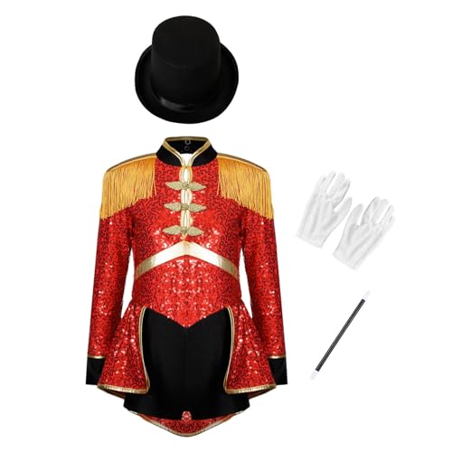 Sywiyi Mädchen Zauberer Verkleidung Outfit Set Zirkus Ringmaster Rollenspiel Glitzer Bodysuit mit Hut Handschuhe Zauberstab Kinder Karneval Kleidung Rot 110-116 von Sywiyi