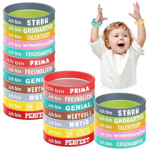 24 Stück Motivationsarmbänder Kinder Deutsch, Silikonarmband mit Gravur, Inspirierende Silikon Armbänder mit Positiven Sprüchen, Mutmacher Geschenk für Teenager Kinder, Abschiedsgeschenk Kinder von Szhhrxi