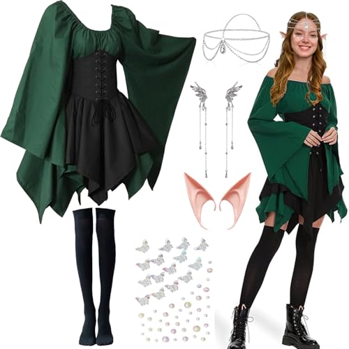 SzonMcnl Traditionelles irisches Kleid für Damen, Mittelalter Kleidung mit Trompetenärmel, Renaissance Elfen Kostüm, Halloween Viktorianisches Cosplay Kleid, Gothic Vintage-Kleid mit Elfenohren (XXL) von SzonMcnl