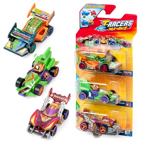 T-Racers Mix´N Race 3 Pack Sammelautos, zweiteilig zerlegbar und mit austauschbaren Teilen, Packung mit 4 Stück von T-Racers