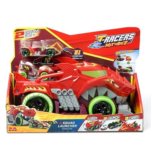 T- Racers Mix 'N Race Squad Launcher Drache, der sich in einen Launcher verwandelt. Enthält 2 exklusive Fahrzeuge, Startzone und Transportbereich für 2 Fahrzeuge von T-Racers