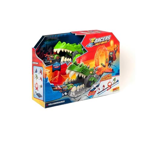 T-Racers Mix 'N Race Volcanosaurus Piste für Spielzeugautos, enthält 1 Auslöser, 3 Pisten, 1 Exklusives Pyrosaurus Auto, 4 Akrobatik von T-Racers