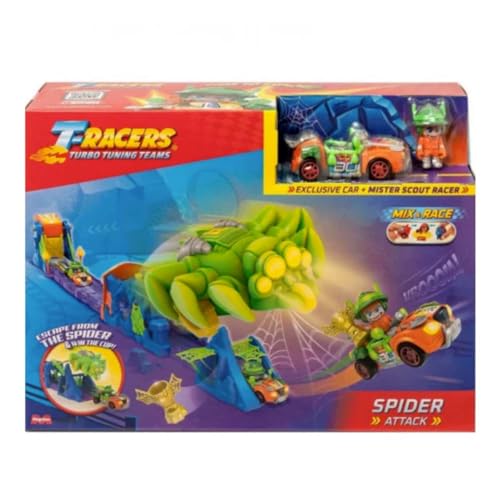 T-Racers Spider Attack Spinnenstrecke für Rennwagen – Die Herausforderung des Angriffs der Spinne – Spielzeugauto-Strecke – inkl. 1 Pilot und 1 Exklusives Fahrzeug von T-Racers