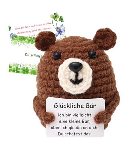 T TAKONE Pocket Hug Glücklicher Bär, kreative gestrickte Bärenpuppe aus Wolle mit positiver Energiekarte, ideal für Genesungsgeschenke, Ermutigung und Schuleintritt für Jungen und Mädchen von T TAKONE