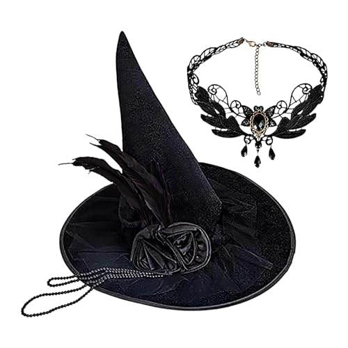 TABSIRAH Hexenhüte Cosplay Hüte Samt Zauberer Hut Halloween Hut mit Edelstein Halskette Schwarz Hexenhut Feder Hüte Ideales Zubehör für Halloween Karneval Cosplay Maskerade von TABSIRAH