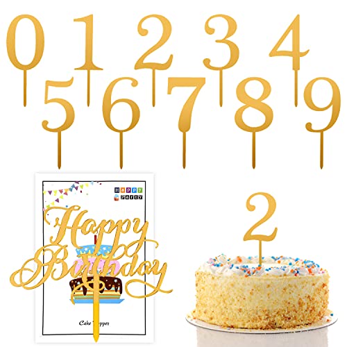 10 Nummer Kuchen-Plug-in, mit 1 Happy Birthday Plug-In, Mini 0-9 Plug-In-Set, Acryl-Kuchendekorationszubehör, geeignet für Geburtstagsfeiern, Jubiläumsfeier, Hochzeitsfeiern (golden) von TAFACE