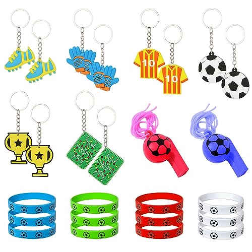 12 Stück Fußball-Themen-Charms, 12 Silikonarmbänder, 2 Fußballpfeifen, Kinderspielzeug Zubehör, Fußballparty-Dekoration, Kindergeburtstagsgeschenk. von TAFACE