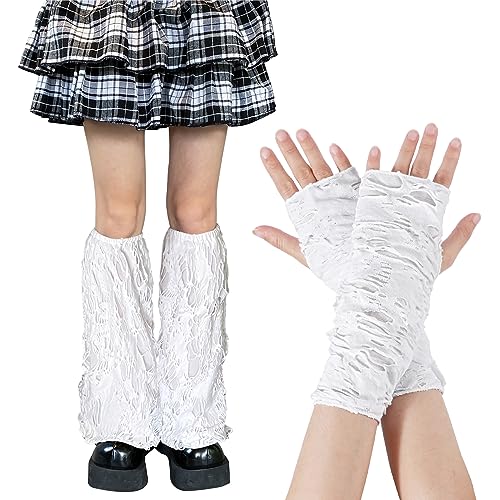 TAGVO Damen Kostüm Set, 2Stk Gothic Ripped Handschuhe und Stulpen Damen, Handschuhe und Schwarz Oberschenkelhohe Strümpfe für Weihnachten Party Kostüm Cosplay, Weiß von TAGVO