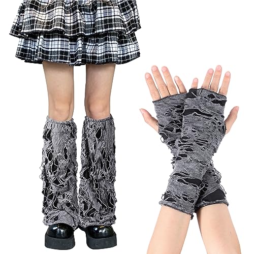 TAGVO Damen Kostüm Set,2 Stücke Gothic Ripped Handschuhe und Stulpen Damen, Handschuhe und Schwarz Oberschenkelhohe Strümpfe für Weihnachten Party Kostüm Cosplay,Schwarz von TAGVO