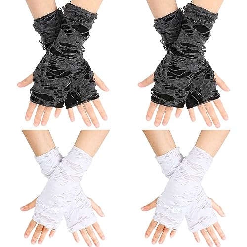 TAGVO Halloween Kurze Handschuhe Punk Handschuhe, 4 Paars Gothic fingerlose Handschuhe, Handgelenkswärmer Fingerlos Cosplay Ripped Handschuhe für Halloween Kostümparty von TAGVO