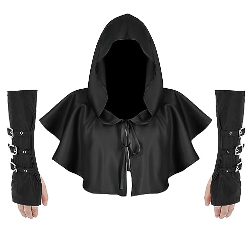 TAGVO Mens Womens Mittelalter Cape Hood Vintage Gothic Cowl Hut, Kurze Kapuzenumhang, Steampunk-Fingerlose Handschuhe mit Metallschnallen, Halloween Mit Kapuze Umhang Viking Cosplay Zubehör von TAGVO