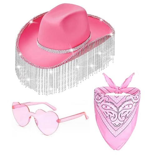 TAKOXIA Cowboyhut, 3-teiliges Set mit Herz-Sonnenbrille, Kopftuch und Cowboyhut, für Karneval, Sonnenschutz, Braut, Cowboyhut mit Strass-Quasten, Dekor von TAKOXIA