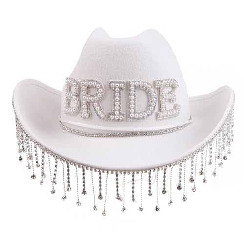 TAKOXIA Cowboyhut, Brautbrief, Cowgirl-Hut, Braut, Hochzeit, Foto, Kostüm-Requisiten, Outdoor-Frau, Mädchen, Hut mit Strass-Fransenkrempe von TAKOXIA