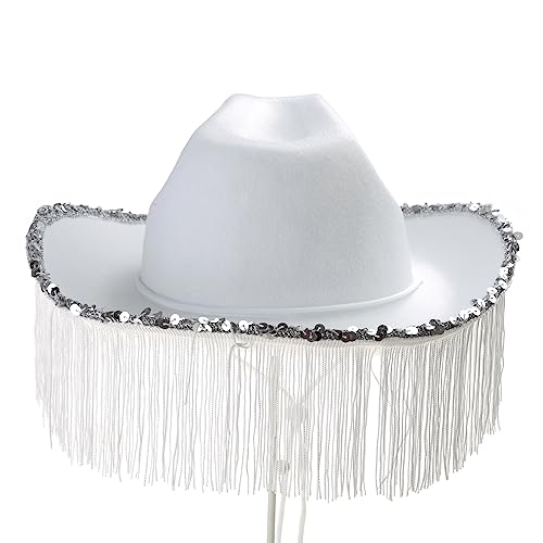 TAKOXIA Cowboyhut, Cowgirl-Hut für Erwachsene, Cowboyhut mit Pailletten, Strasssteinen, Fransen, passend für die meisten Frauen für Mottoparty, Schwarz / Weiß von TAKOXIA