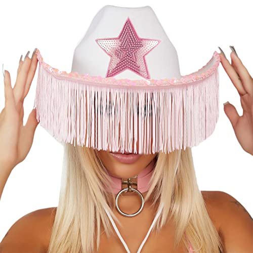 TAKOXIA Cowboyhut, Pailletten-Cowgirl-Hut für Erwachsene, Cowboyhut mit Fransen-Stern-Dekorationen, Rave-Hüte, passend für die meisten Frauen für Mottoparty von TAKOXIA