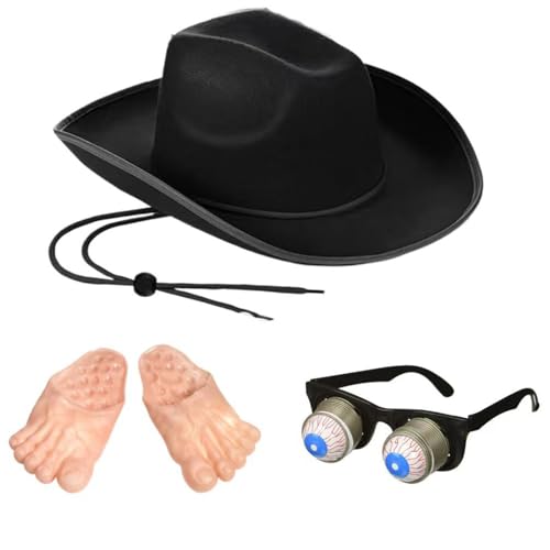 TAKOXIA Cowboyhut, Spoof-Cowboy-Kostüm-Set, Western-Kostüm, breite Krempe, Cowgirl-Hut, Poppingout-Augapfel-Sonnenbrille, für Erwachsene, AprilFools, Party-Outfit, 3-teilig von TAKOXIA
