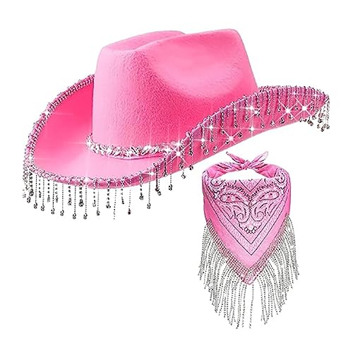 TAKOXIA Cowboyhut, Strass-Quasten, Cowboyhut, Westernhut, breite Krempe, Halstuch, Set, Cosplay, Party, Hut, Fedora-Hut, Kostümzubehör, 2 Stück von TAKOXIA