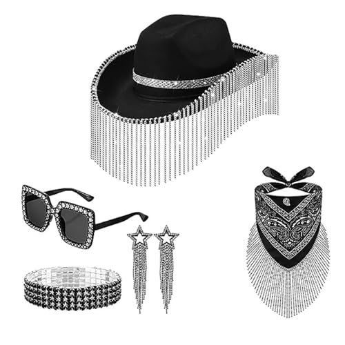 TAKOXIA Cowboyhut, Vintage-Stil, Country, Western-Cowgirl-Hut, Strass, Quasten, Cowgirl-Hut, 5-teiliges Set für Party, Foto-Requisiten, Headwaer Geschenke von TAKOXIA