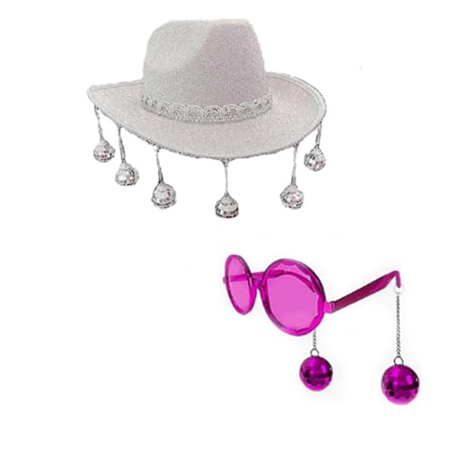 TAKOXIA Cowboyhut, gemustertes Bandana & Weatern Cowboyhut & Anhänger Sonnenbrille Set, Diskotheken, Party, Cowgirl-Kostüm, 3-teiliges Set von TAKOXIA