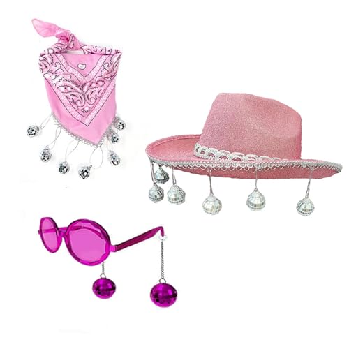 TAKOXIA Cowboyhut, gemustertes Bandana & Weatern Cowboyhut & Anhänger Sonnenbrille Set, Diskotheken, Party, Cowgirl-Kostüm, 3-teiliges Set von TAKOXIA
