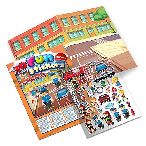 TAKTIK 3D Fun Stickers - Auf der Strasse, 3D Aufkleber für Kinder, doppelseitigen Hintergrund + 38 Stück, 3D Puffy Stickers, Geschichten-Set mit Auflkeber von TAKTIK