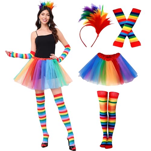 TALWIOR Regenbogen Tüllrock Damen, 4er Regenbogen Kostüm Damen mit Bunte Feder Stirnband, Karneval Kostüm Damen, Faschingskostüme Damen für Karneval Rollenspiele Party von TALWIOR