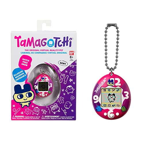 TAMAGOTCHI Bandaï Original - Purple-Pink Clock Shell with Chain - The Original Virtual Reality Pet - Watch Your Character Grow and Play Games - Retro 90s Toy Keychain von TAMAGOTCHI