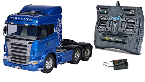 TAMIYA 56327 1:14 RC Scania R620 6x4 Highl.blau lackiert - LKW Bundle inklusive Fernsteuerung (FS Reflex Stick II 2.4 GHz 6CH), RC-Truck, fernsteuerbarer LKW, Modellbau, Bausatz, Lastwagen von TAMIYA