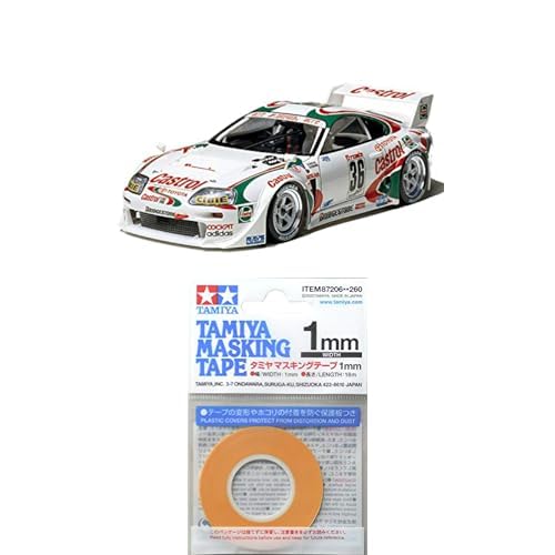 TAMIYA Bundle 24163 1:24 Castrol Toyota Tom´s Supra GT + 87206 Masking Tape 1 mm/18m - Modellbau, Plastik Bausatz, Basteln, Hobby, Kleben, Plastikbausatz, unlackiert von TAMIYA