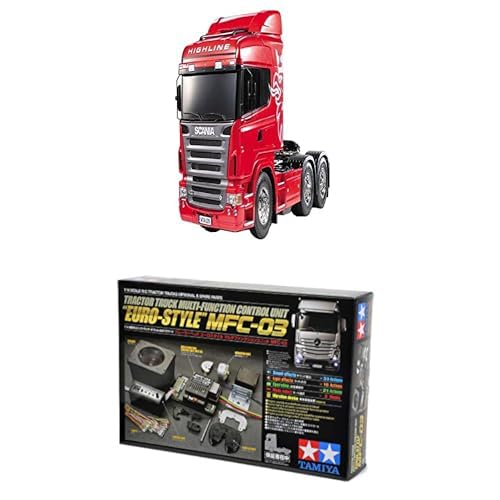 TAMIYA Bundle 56323- Scania R620 Highline,ferngesteuerte 3Achs LKW Zugmaschine, 1:14, Bausatz + 56523 1:14 MFC-03 Truck-Multifunktionseinheit, schwarz, fernsteuerbarer, Lastwagen, LKW, Modellbau von TAMIYA