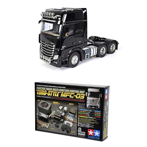 TAMIYA Bundle 56348 Mercedes-Benz Fahrzeug 1:14 RC MB Actros 3363 Giga Sp. 6x4, schwarz + 56523 1:14 MFC-03 Truck-Multifunktionseinheit, schwarz, fernsteuerbarer, Lastwagen, LKW, Modellbau von TAMIYA