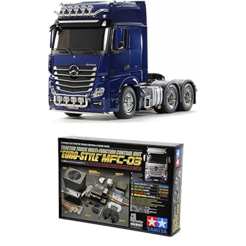 TAMIYA Bundle 56354 Mercedes-Benz Fahrzeug 1:14 RC MB Actros 3363 Pearl Blue vorl, blau + 56523 1:14 MFC-03 Truck-Multifunktionseinheit, schwarz, fernsteuerbarer, Lastwagen, LKW, Modellbau von TAMIYA